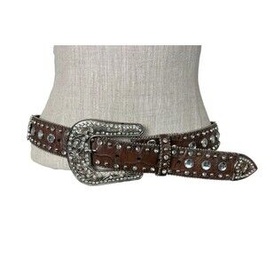 Nocona Western Gothic Cross Bling Belt  Size L  Brown Croc Embossed Leather
